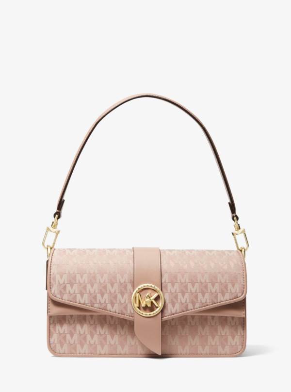 Damske Taška Cez Rameno Michael Kors Greenwich Medium Logo Jacquard Ruzove Biele - Kabelky Michael Kors Outlet | JHLIQ-3285